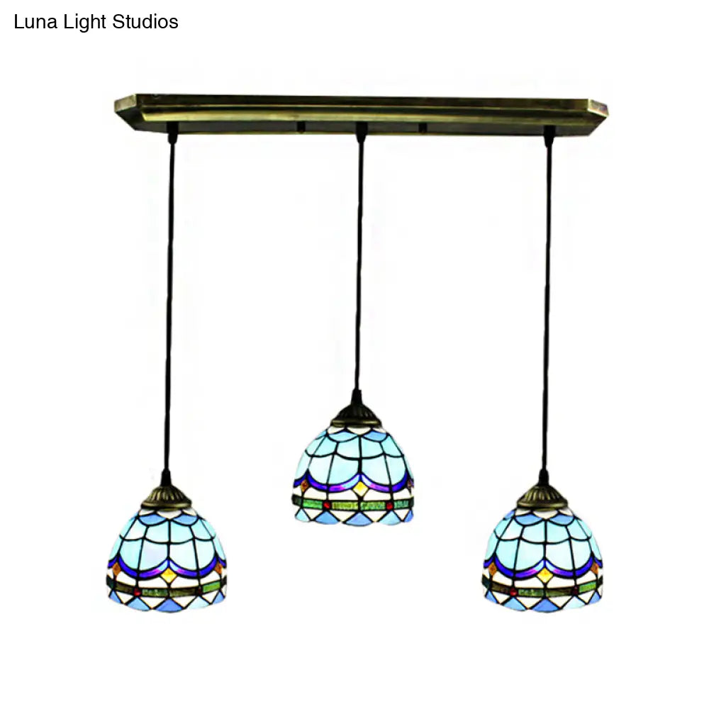 Vintage Stained Glass Pendant: Bowl Ceiling Fixture With 3 Blue Decorative Lights