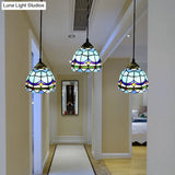 Vintage Stained Glass Pendant: Bowl Ceiling Fixture With 3 Blue Decorative Lights