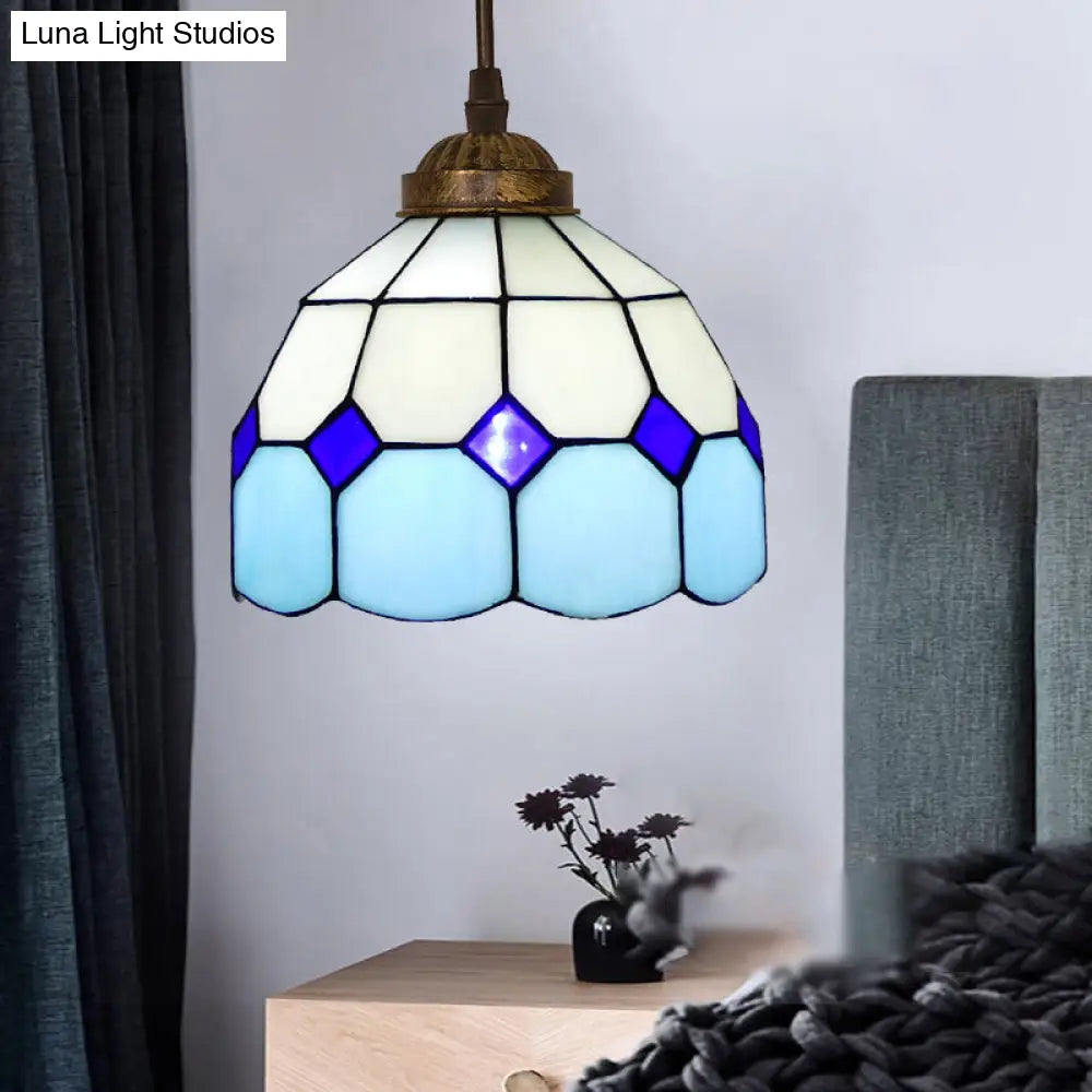 Vintage Stained Glass Pendant Light With Scalloped Dome For Single-Bulb Ceiling Hanging Sky Blue / B