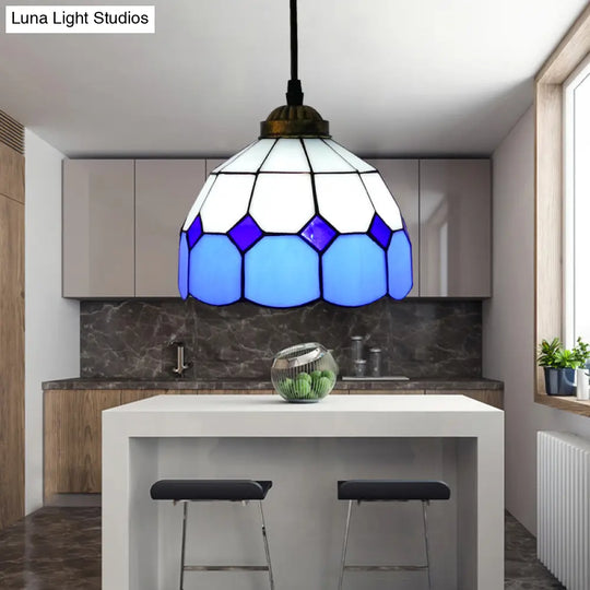 Vintage Stained Glass Pendant Light With Scalloped Dome For Single-Bulb Ceiling Hanging Lake Blue /