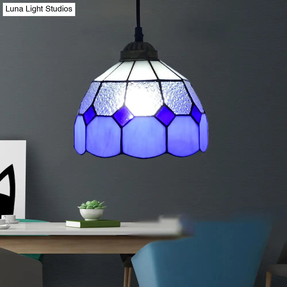 Vintage Stained Glass Pendant Light With Scalloped Dome For Single-Bulb Ceiling Hanging Ocean Blue /