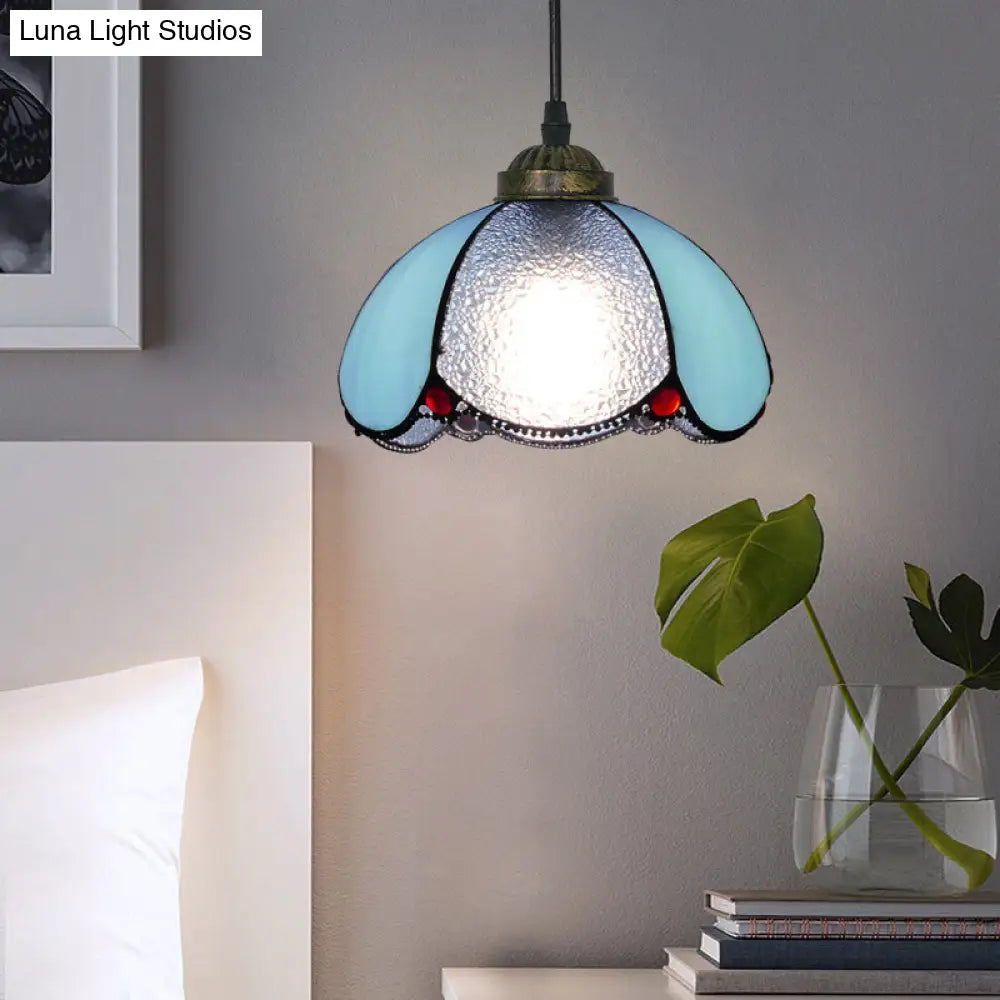 Vintage Stained Glass Pendant Light With Scalloped Dome For Single-Bulb Ceiling Hanging Blue / A