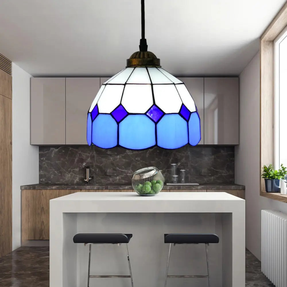 Vintage Stained Glass Pendant Light With Scalloped Dome Design Lake Blue / A