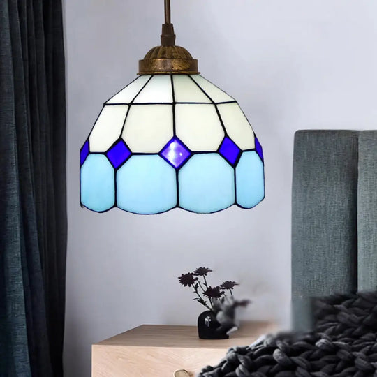 Vintage Stained Glass Pendant Light With Scalloped Dome Design Sky Blue / B