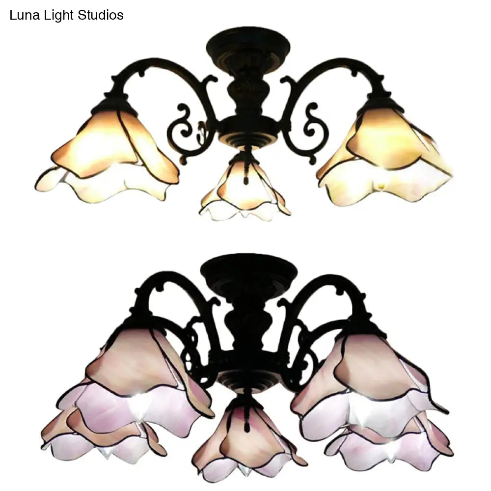 Vintage Stained Glass Petal Chandelier Lamp: 3/5 Bulbs Living Room Ceiling Light In Pink