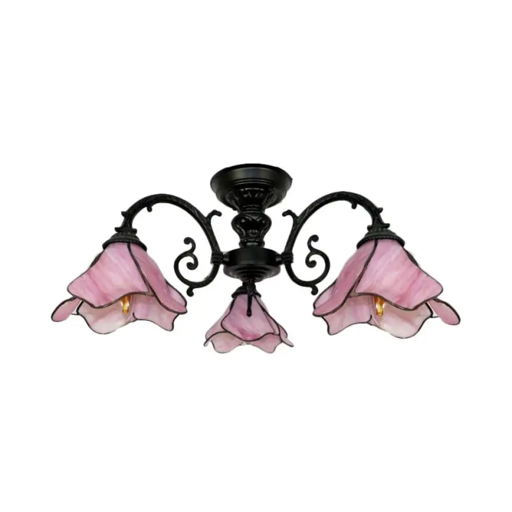 Vintage Stained Glass Petal Chandelier Lamp: 3/5 Bulbs Living Room Ceiling Light In Pink 3 /