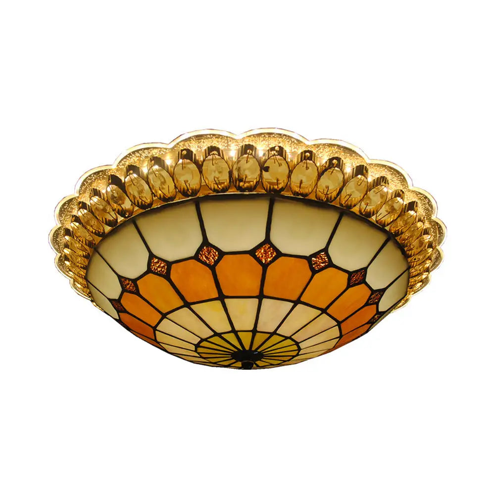 Vintage Stained Glass Round Flushmount Light With 1 Bulb - 16’ Or 19.5’ Width Amber /