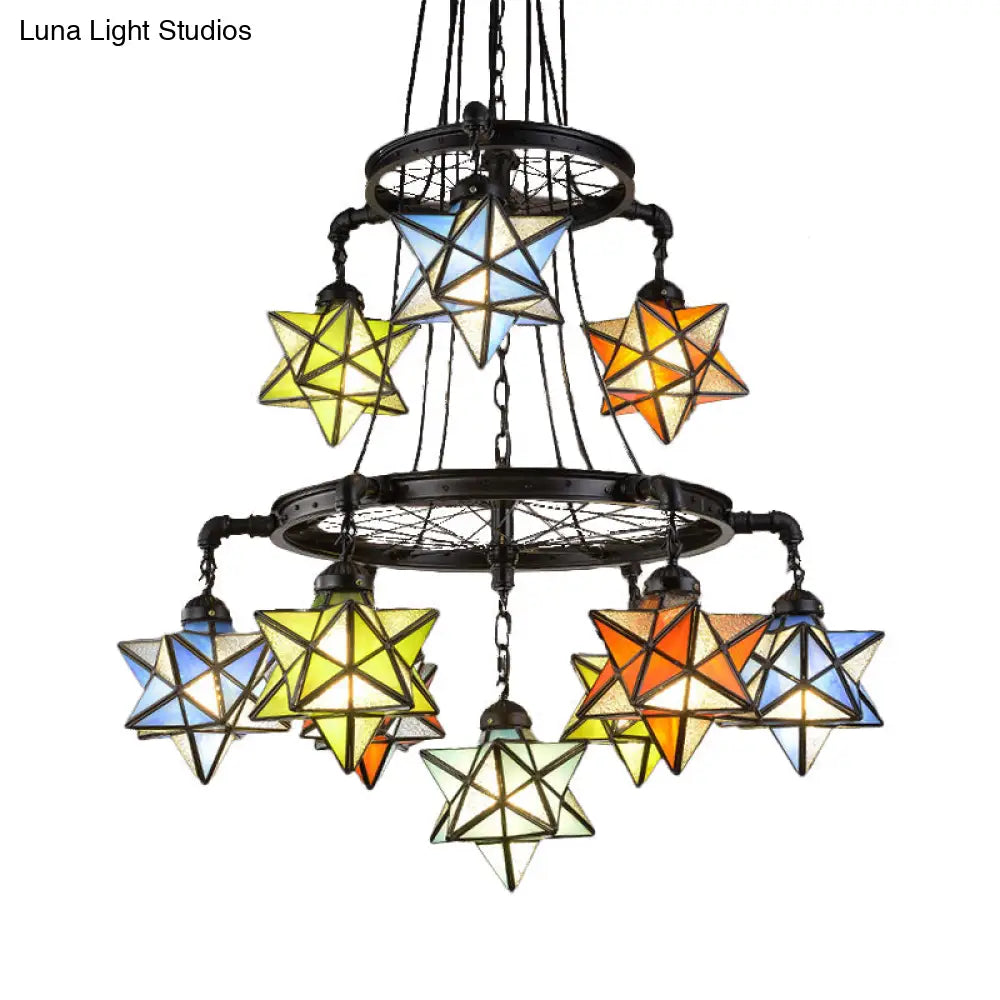 Vintage Stained Glass Star Chandelier With 2 Tiers And Black Finish