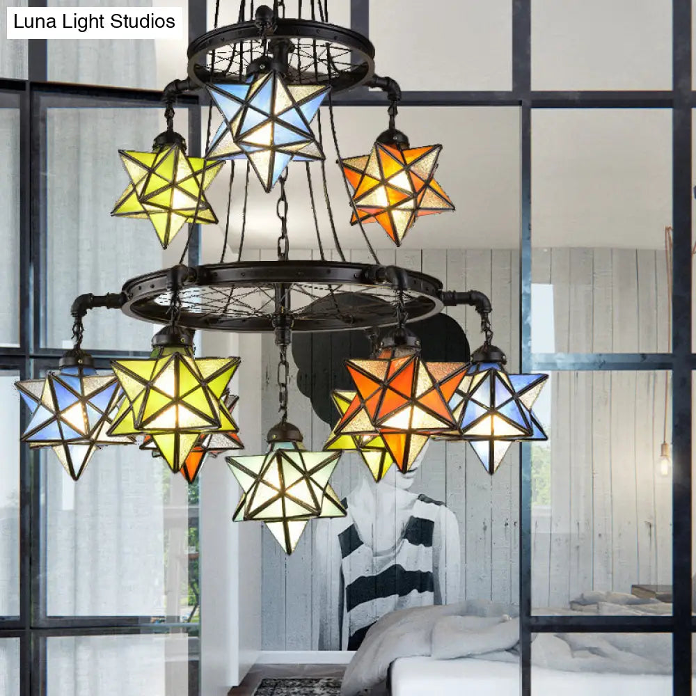 Vintage Stained Glass Star Chandelier - 2 Tier Ceiling Light In Black Finish