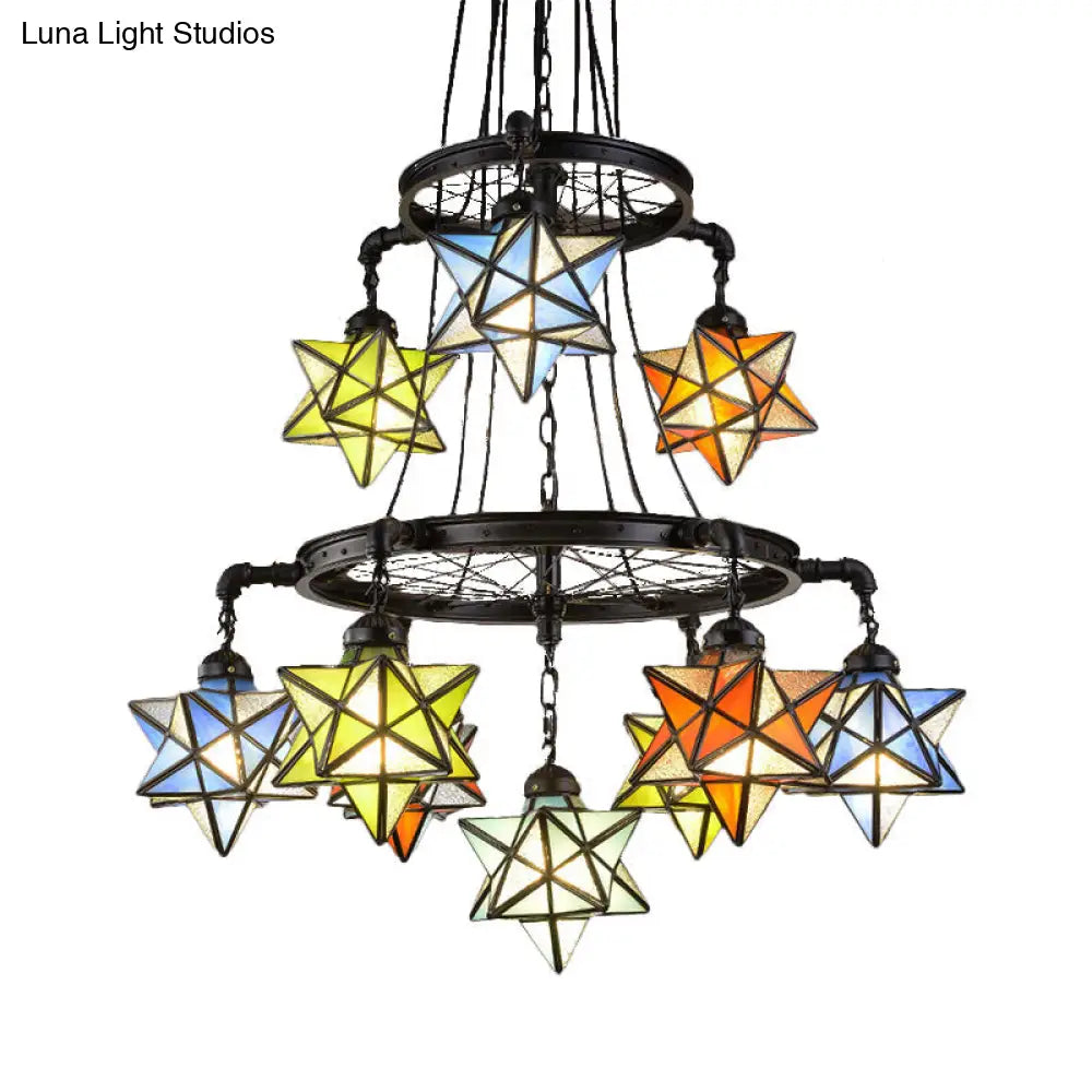 Vintage Stained Glass Star Chandelier - 2 Tier Ceiling Light In Black Finish