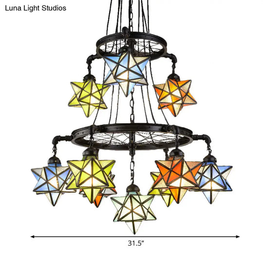 Vintage Stained Glass Star Chandelier - 2 Tier Ceiling Light In Black Finish