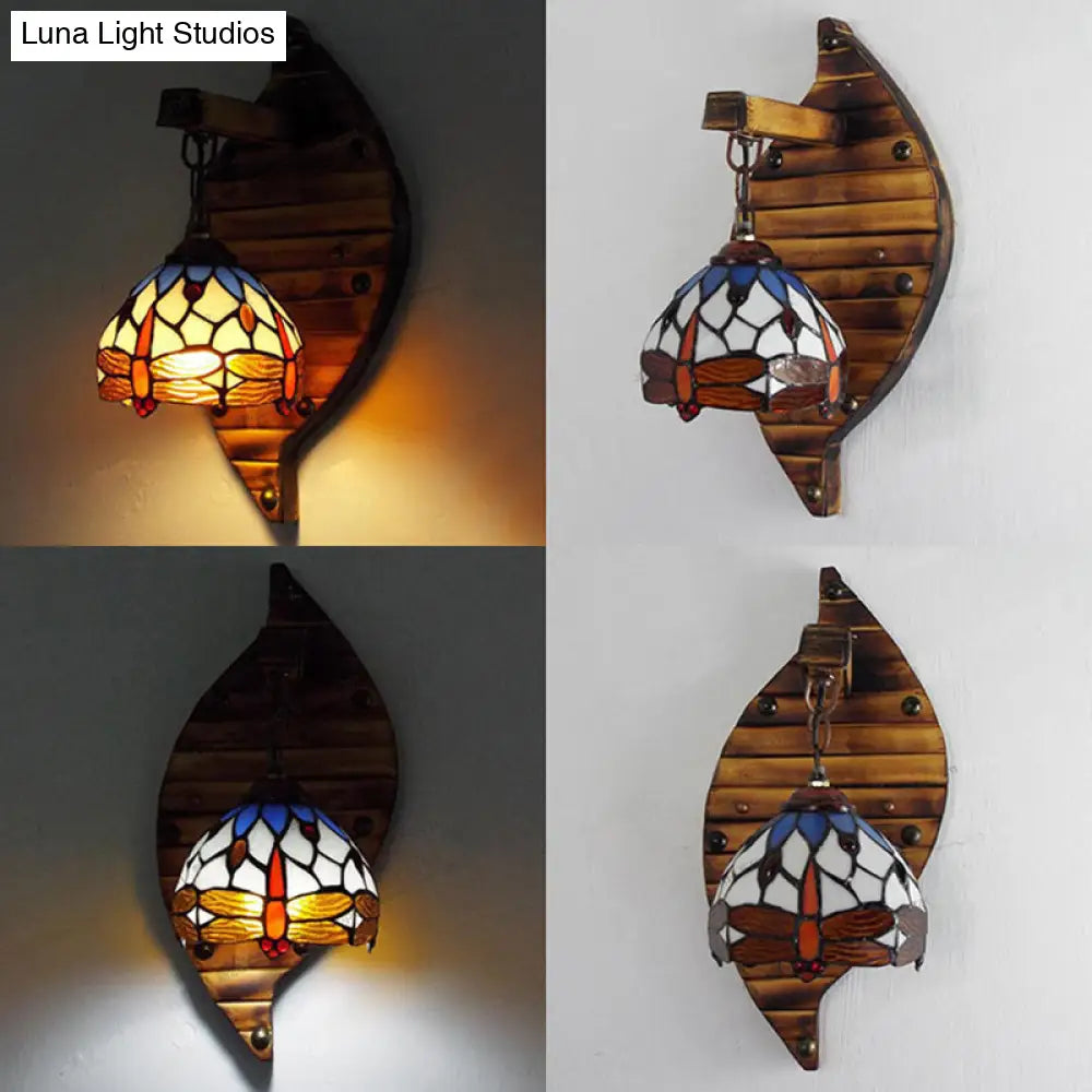 Vintage Stained Glass Wall Sconce With Dragonfly Pattern Purple/Blue