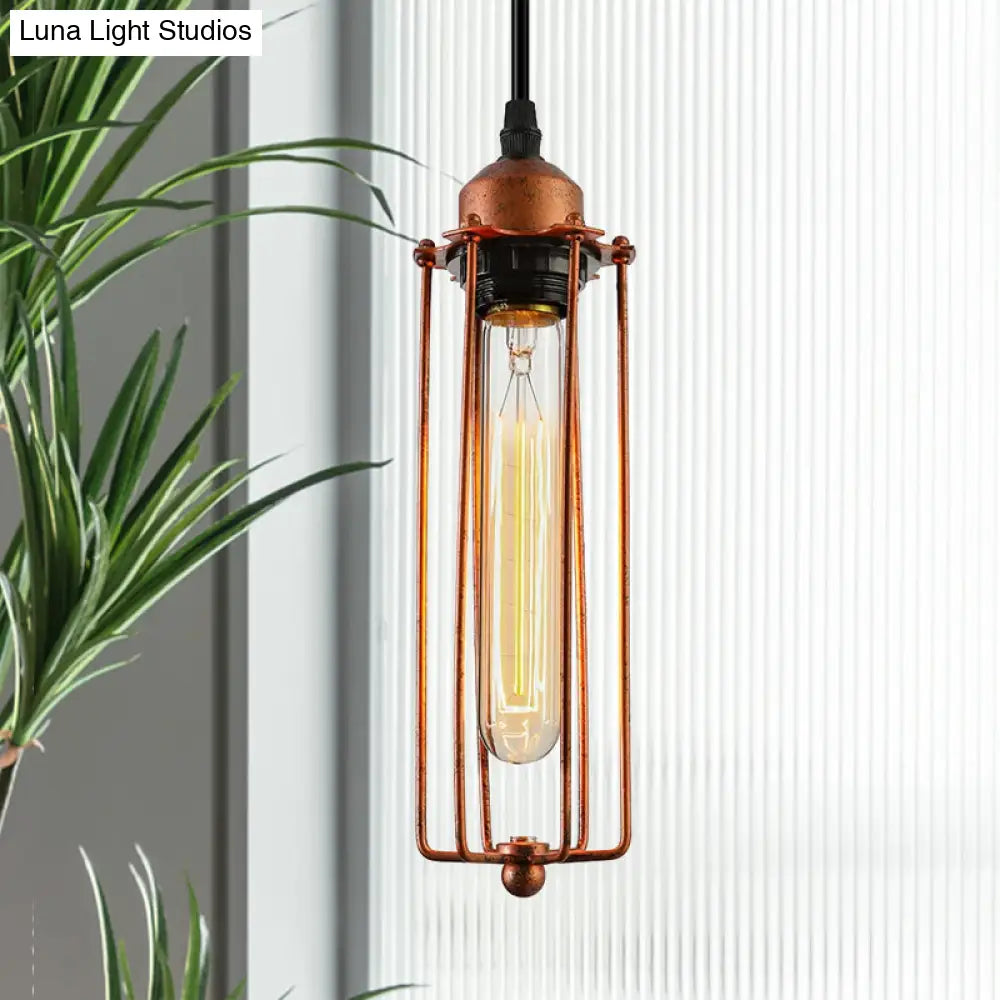Vintage-Style 1-Bulb Dark Rust Tube Pendant Lighting With Wire Guard For Kitchen
