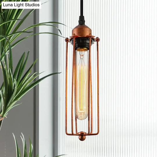 Vintage Style Dark Rust Tube Pendant Light With Wire Guard - Ideal For Kitchen Lighting