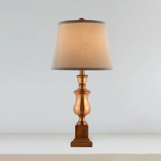 Vintage Style 1-Head Metallic Baluster Desk Lamp In Brown With Fabric Shade