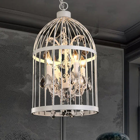 Vintage Style 4-Head Birdcage Chandelier in Black/White/Rust Iron – Elegant Hanging Lamp with Candle and Crystal Deco