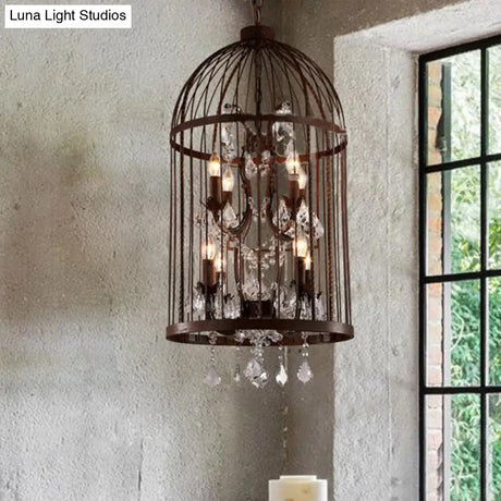 Vintage Style 4-Head Birdcage Chandelier in Black/White/Rust Iron – Elegant Hanging Lamp with Candle and Crystal Deco