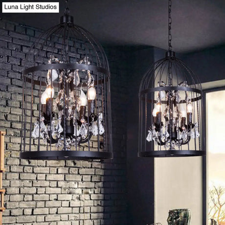 Vintage Style 4-Head Birdcage Chandelier in Black/White/Rust Iron – Elegant Hanging Lamp with Candle and Crystal Deco