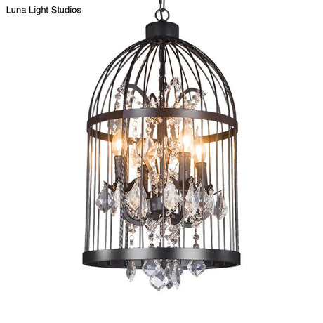Vintage Style 4-Head Birdcage Chandelier in Black/White/Rust Iron – Elegant Hanging Lamp with Candle and Crystal Deco