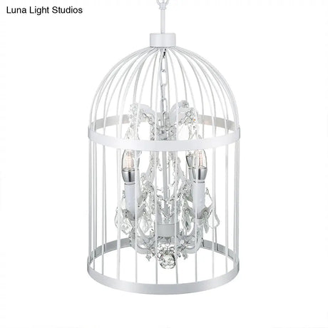 Vintage Style 4-Head Birdcage Chandelier in Black/White/Rust Iron – Elegant Hanging Lamp with Candle and Crystal Deco