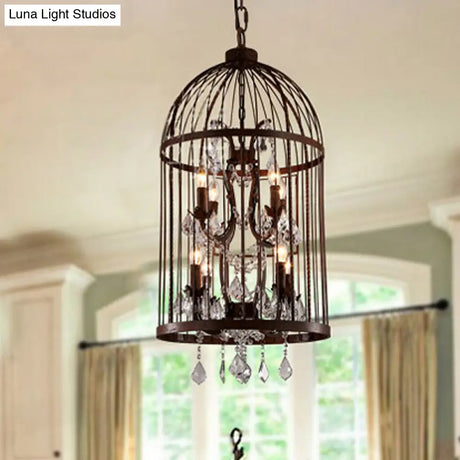 Vintage Style 4-Head Birdcage Chandelier in Black/White/Rust Iron – Elegant Hanging Lamp with Candle and Crystal Deco
