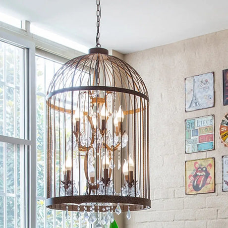 Vintage Style 4-Head Birdcage Chandelier in Black/White/Rust Iron – Elegant Hanging Lamp with Candle and Crystal Deco