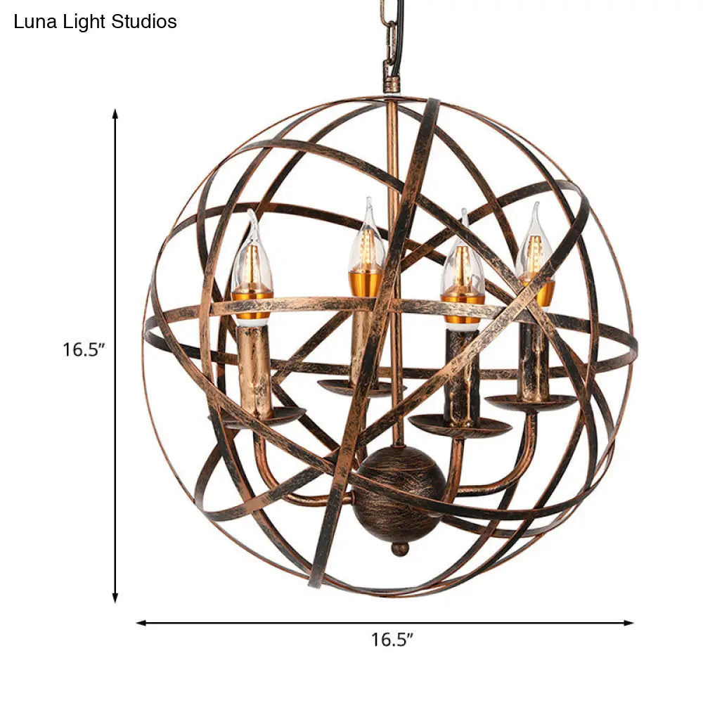 Vintage Style 4-Head Ceiling Chandelier With Iron Globe Cage Shade In Antique Brass For Dining Room