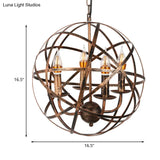 Vintage Style 4-Head Ceiling Chandelier With Iron Globe Cage Shade In Antique Brass For Dining Room