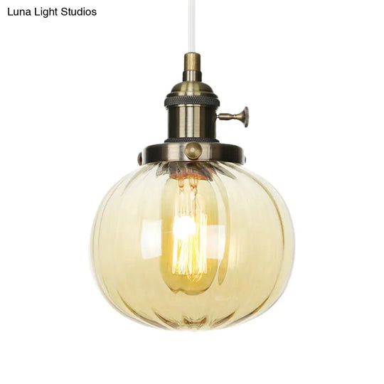 Vintage Style Amber/Clear Ridged Glass Pendant Light Fixture - Adjustable Ceiling For Living Room