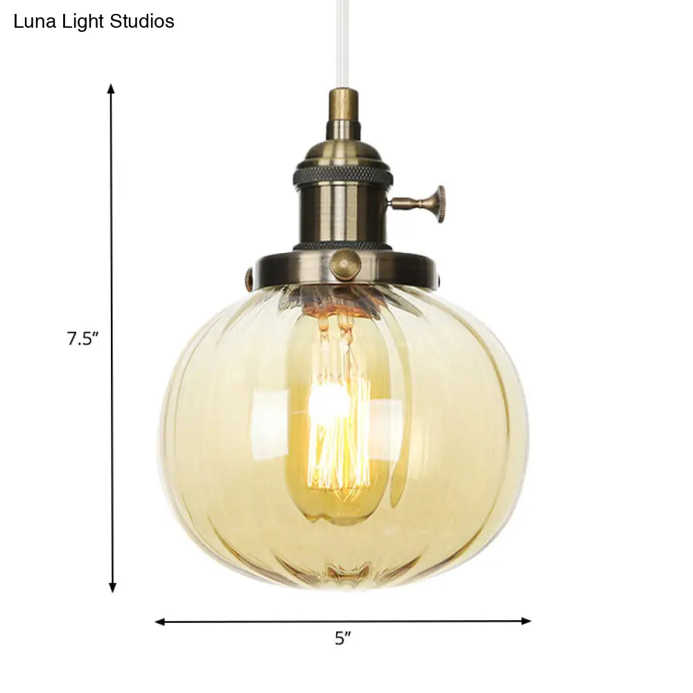 Vintage Style Amber/Clear Ridged Glass Pendant Light Fixture - 1 Adjustable Living Room Ceiling