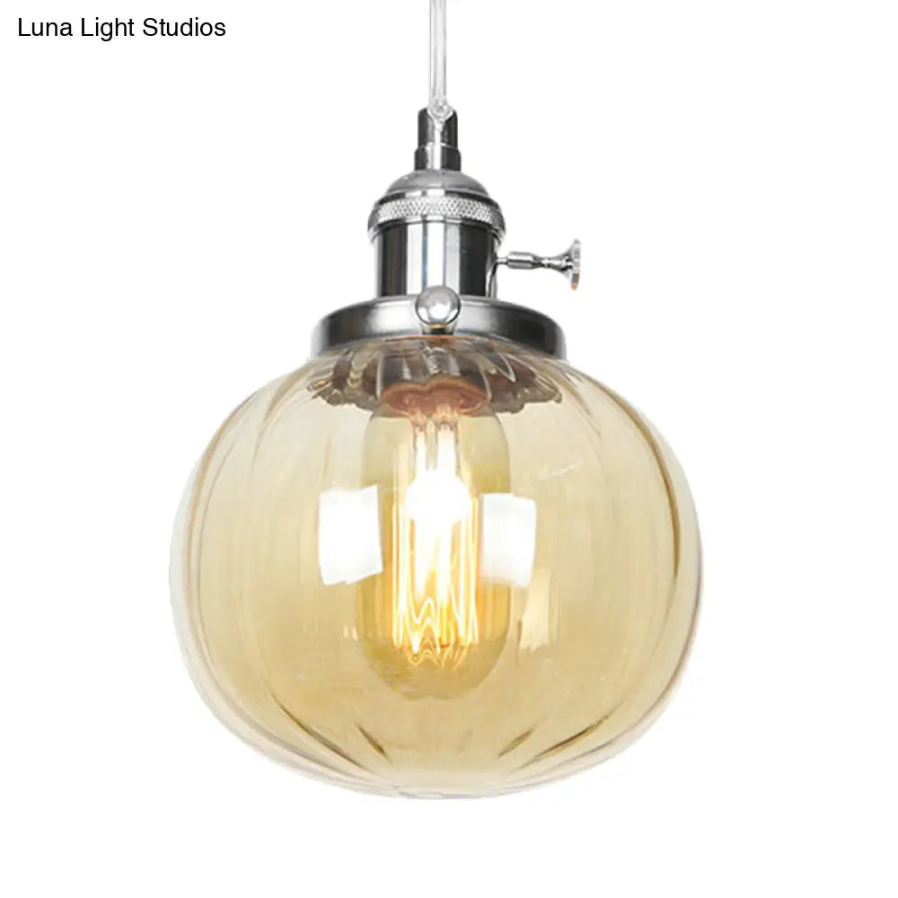 Vintage Style Amber/Clear Ridged Glass Pendant Light Fixture - 1 Adjustable Living Room Ceiling