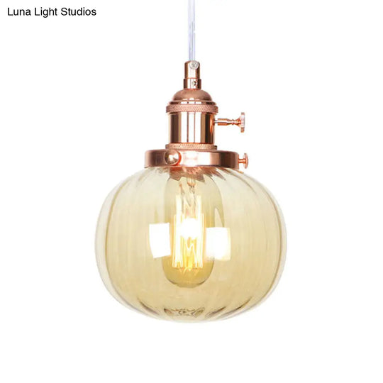 Vintage Style Amber/Clear Ridged Glass Pendant Light Fixture - Adjustable Ceiling For Living Room