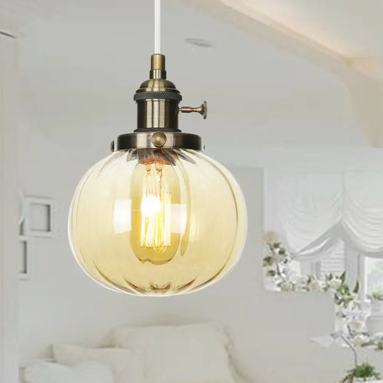 Vintage Style Amber/Clear Ridged Glass Pendant Light Fixture - 1 Adjustable Living Room Ceiling