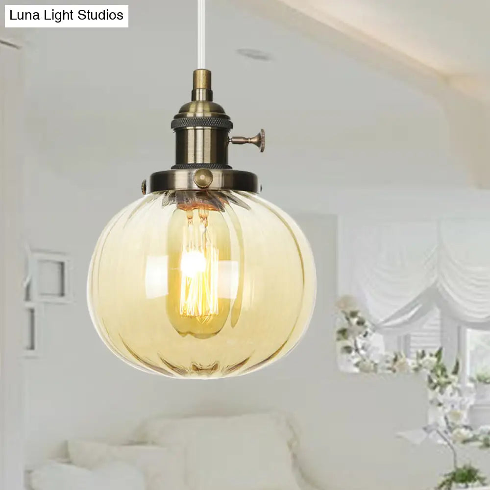 Vintage Style Amber/Clear Ridged Glass Pendant Light Fixture - Adjustable Ceiling For Living Room