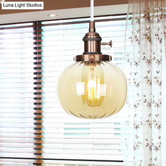 Vintage Style Amber/Clear Ridged Glass Pendant Light Fixture - Adjustable Ceiling For Living Room