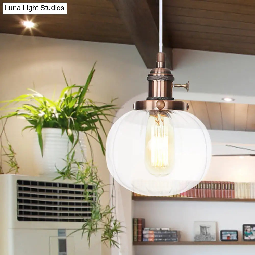 Vintage Style Amber/Clear Ridged Glass Pendant Light Fixture - Adjustable Ceiling For Living Room