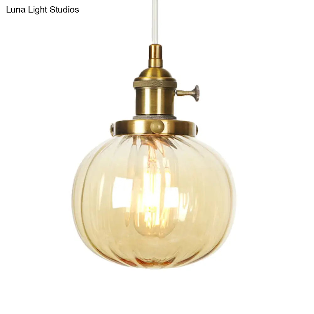 Vintage Style Amber/Clear Ridged Glass Pendant Light Fixture - 1 Adjustable Living Room Ceiling