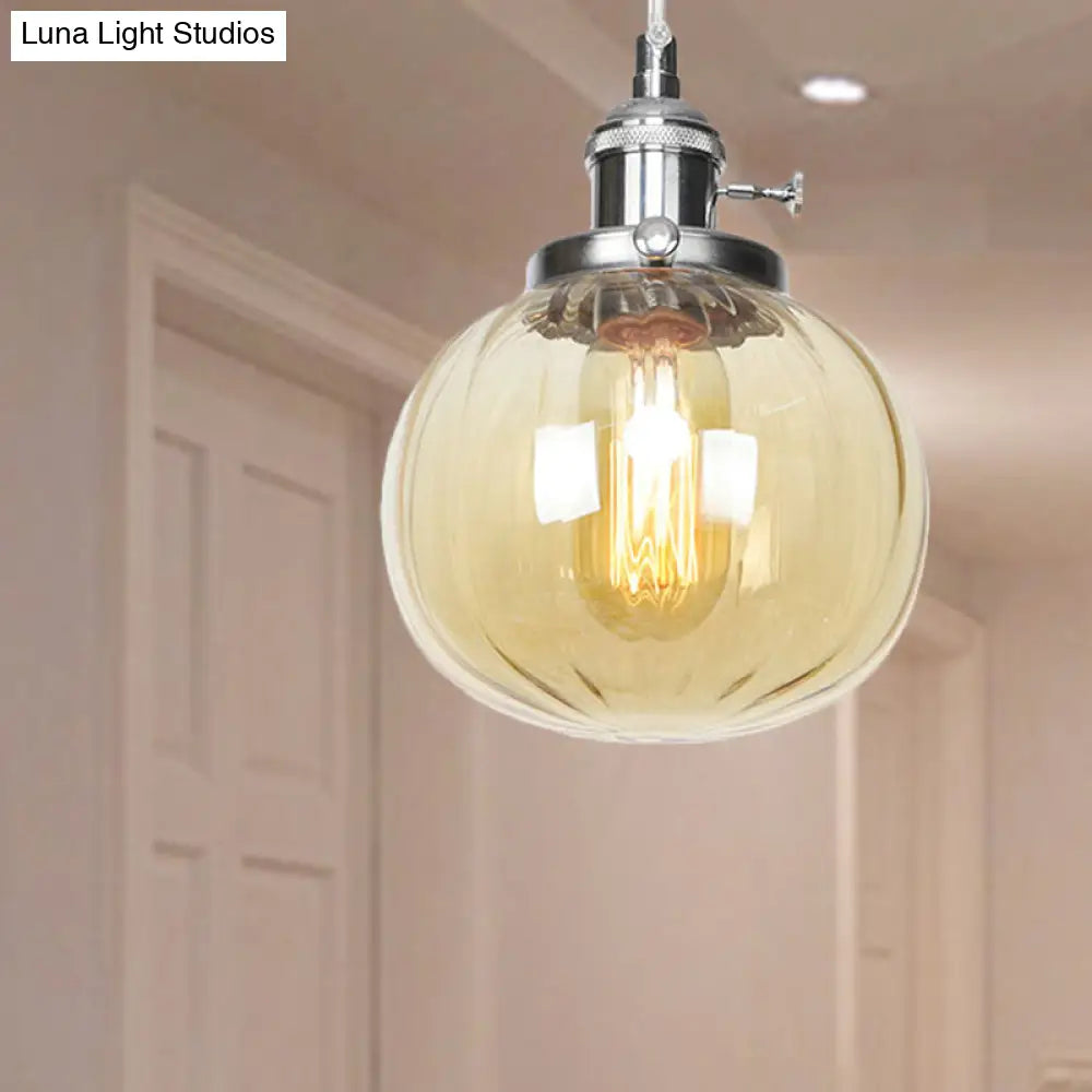 Vintage Style Amber/Clear Ridged Glass Pendant Light Fixture - Adjustable Ceiling For Living Room