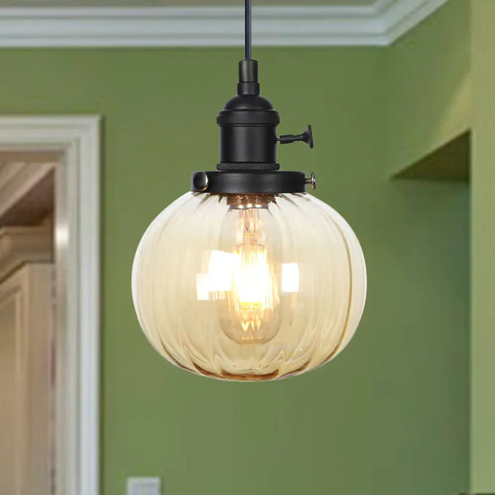 Vintage Style Amber/Clear Ridged Glass Pendant Light Fixture - 1 Adjustable Living Room Ceiling