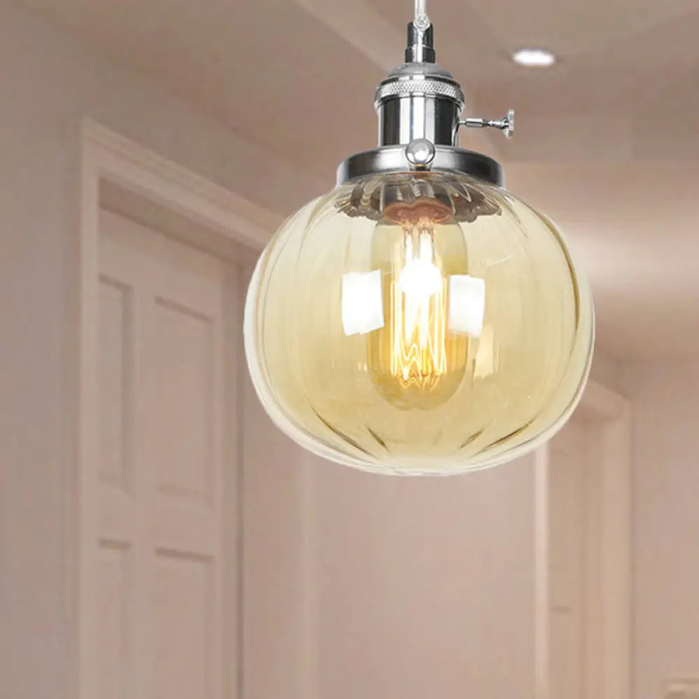 Vintage Style Amber/Clear Ridged Glass Pendant Light Fixture - 1 Adjustable Living Room Ceiling