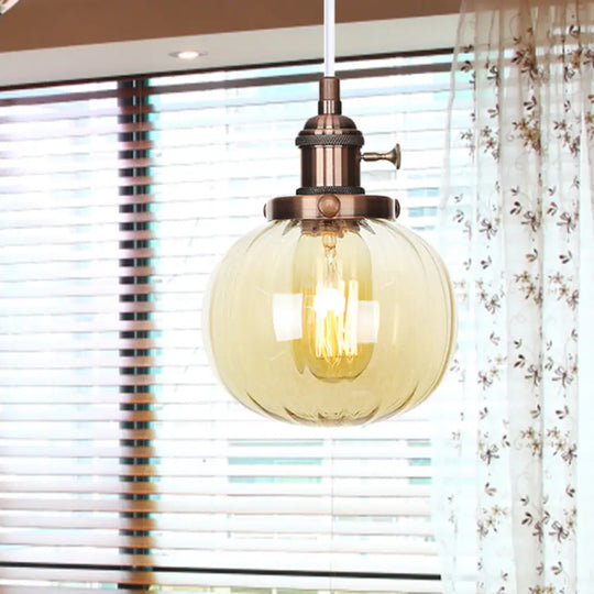 Vintage Style Amber/Clear Ridged Glass Pendant Light Fixture - 1 Adjustable Living Room Ceiling