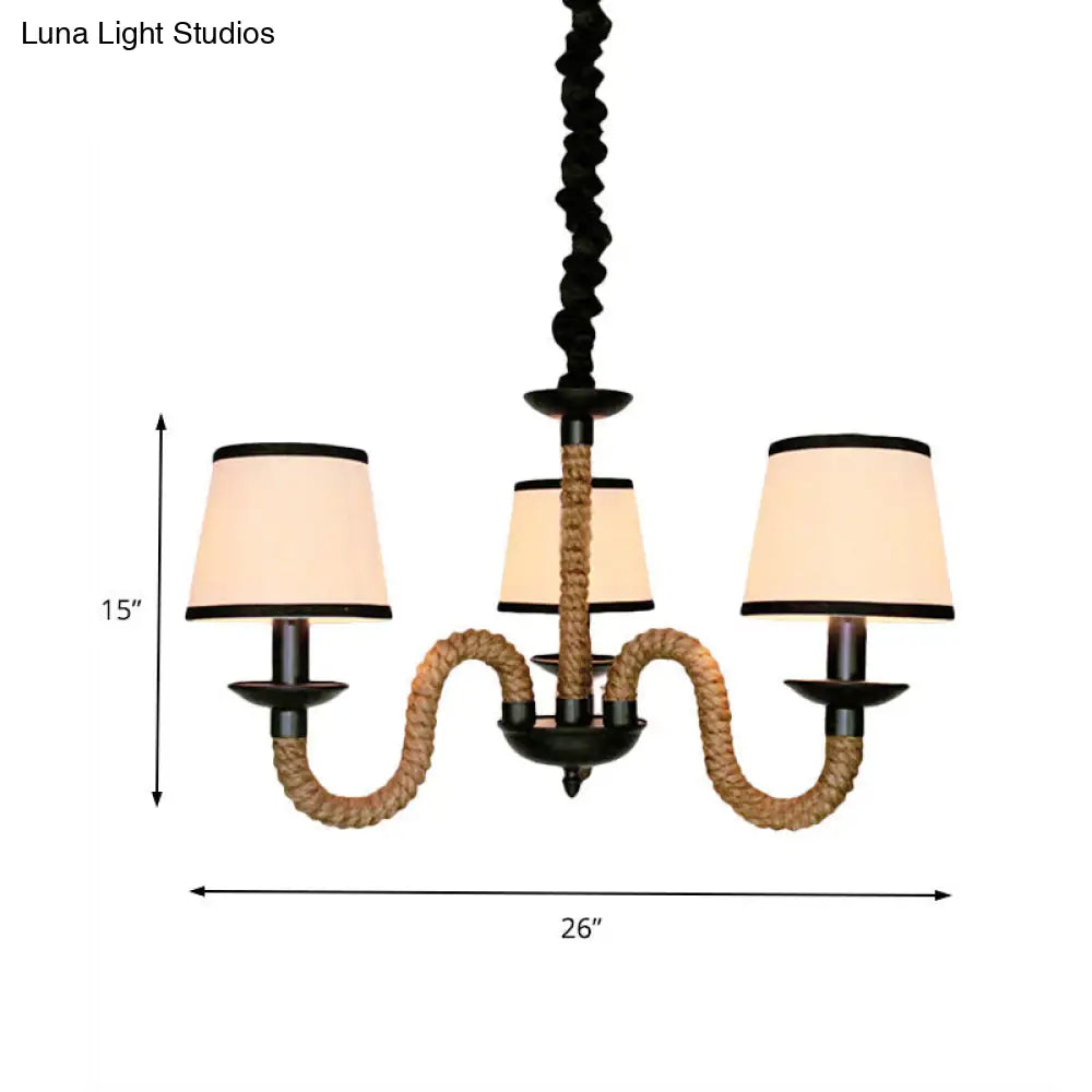 Vintage Style Hanging Chandelier With 3 Bell/Cone Lights Beige Fabric Shade & Rope Detail