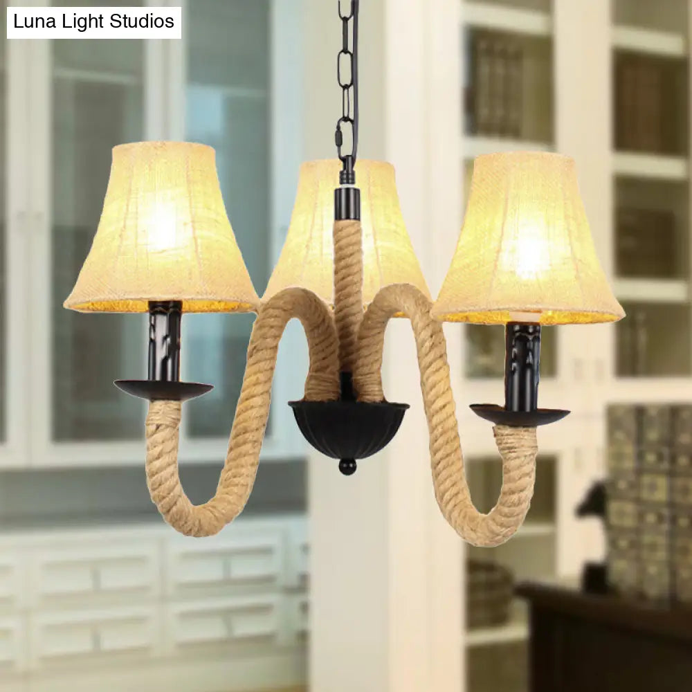 Vintage Style Hanging Chandelier With 3 Bell/Cone Lights Beige Fabric Shade & Rope Detail