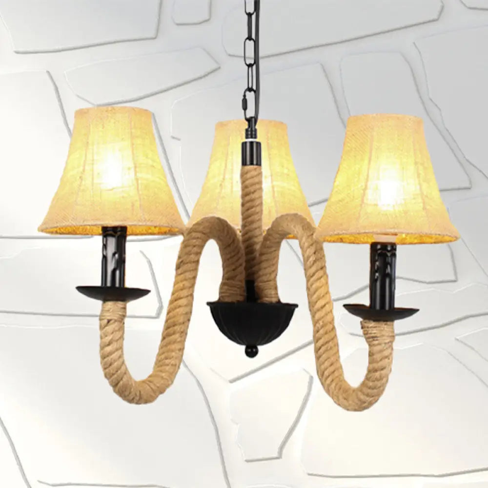 Vintage Style Beige Fabric Shade Chandelier Light Fixture With Rope Detail - Bell/Cone Hanging Lamp