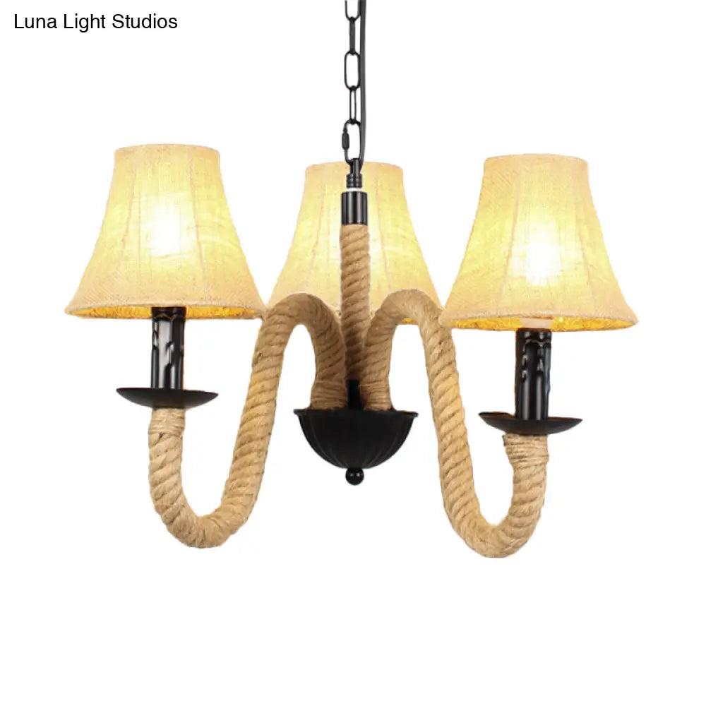 Vintage Style Beige Fabric Shade Chandelier Light Fixture With Rope Detail - Bell/Cone Hanging Lamp