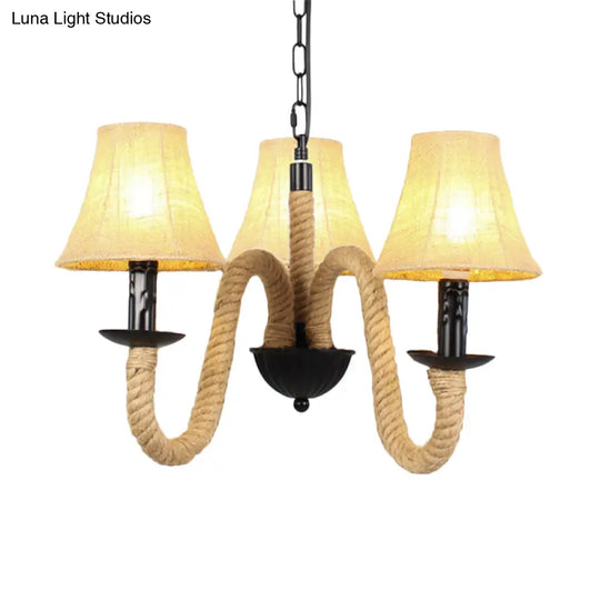 Vintage Style Beige Fabric Shade Chandelier Light Fixture With Rope Detail - Bell/Cone Hanging Lamp