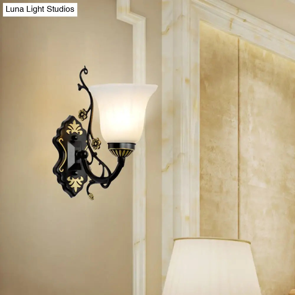 Vintage Style Bell Living Room Wall Light Sconce - Black Metal Lamp With White Glass Shade (1/2