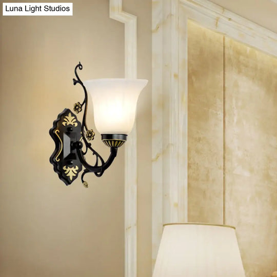 Vintage Style Bell Living Room Wall Light Sconce - Black Metal Lamp With White Glass Shade (1/2