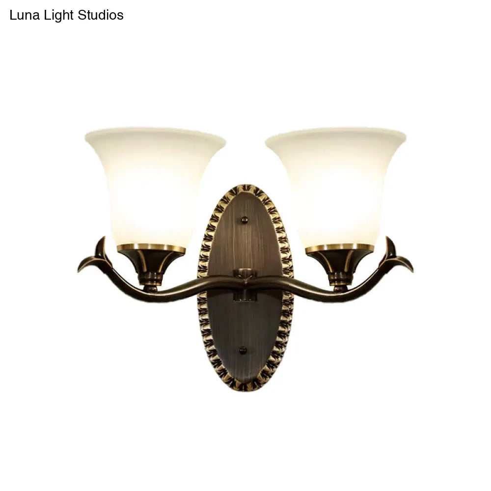 Vintage Style Bell Living Room Wall Light Sconce - Black Metal Lamp With White Glass Shade (1/2