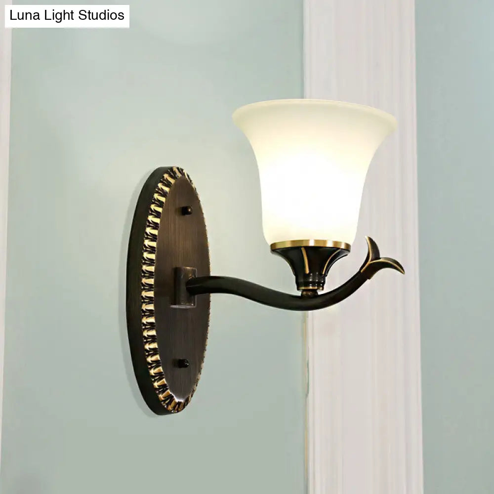 Vintage Style Bell Living Room Wall Light Sconce - Black Metal Lamp With White Glass Shade (1/2